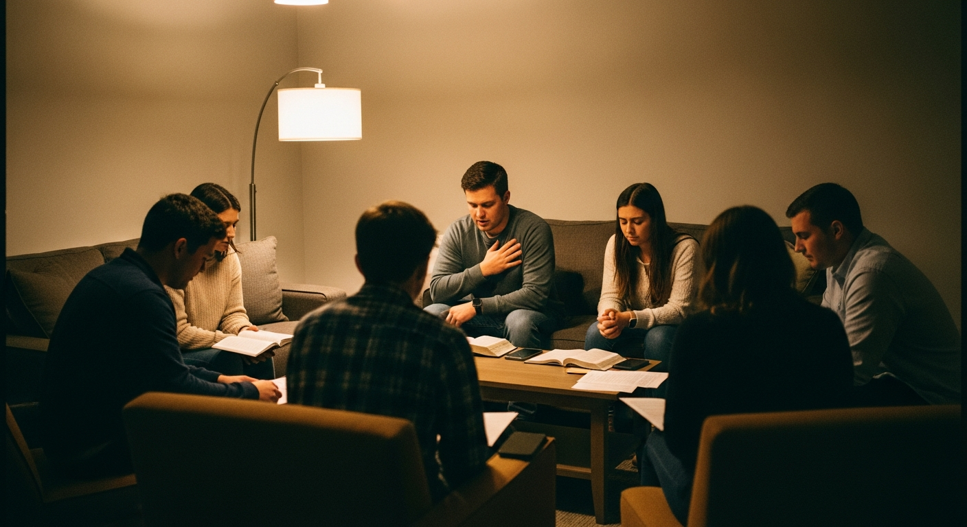 Group of young believers in a prayer circle speaking encouragement to each other, practicing voice-first faith in a community gathering setting