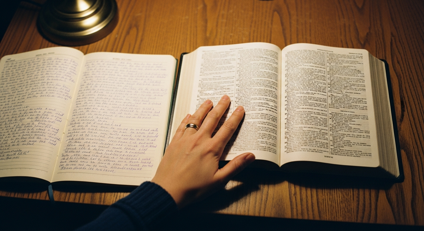 Open Bible with highlighted verses next to a journal showing how speaking Scripture aloud deepens understanding and spiritual connection with God
