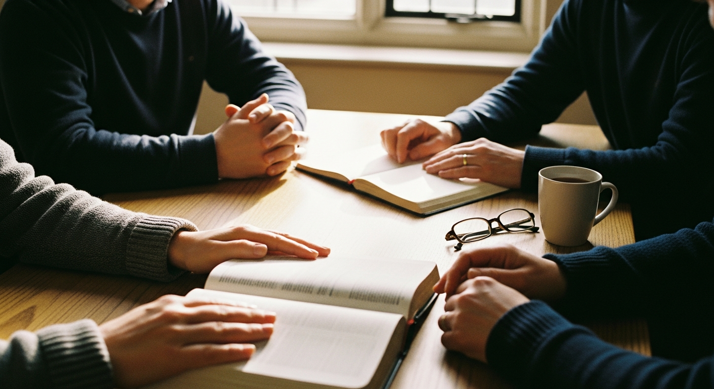 Hands of several people around a wooden church table with open Bibles and a notebook, warm afternoon light, candid documentary scene of a small leadership team meeting