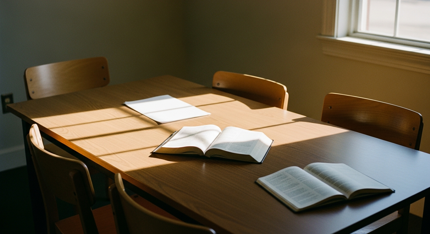 A plain wooden table in a church side room set for three: an open Bible at the centre, a single printed page and an open notebook beside it, three empty chairs drawn in, warm afternoon light from a window, a room set for weighing a prophetic word together