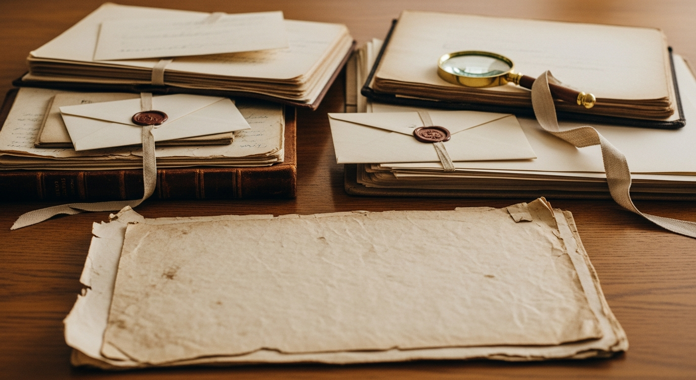Aged paper archive of layered handwritten letters and documents under soft window light, documentary photojournalism, shallow depth of field, no people