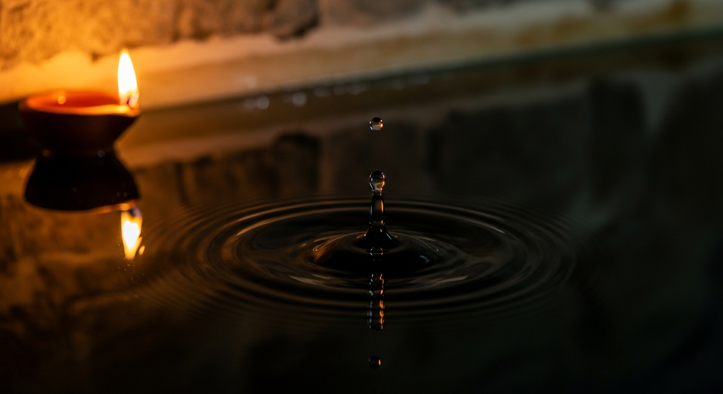 Water drop creating golden ripples expanding outward across a dark still pool, illustrating the mark left when God acts with wonders in believers' lives