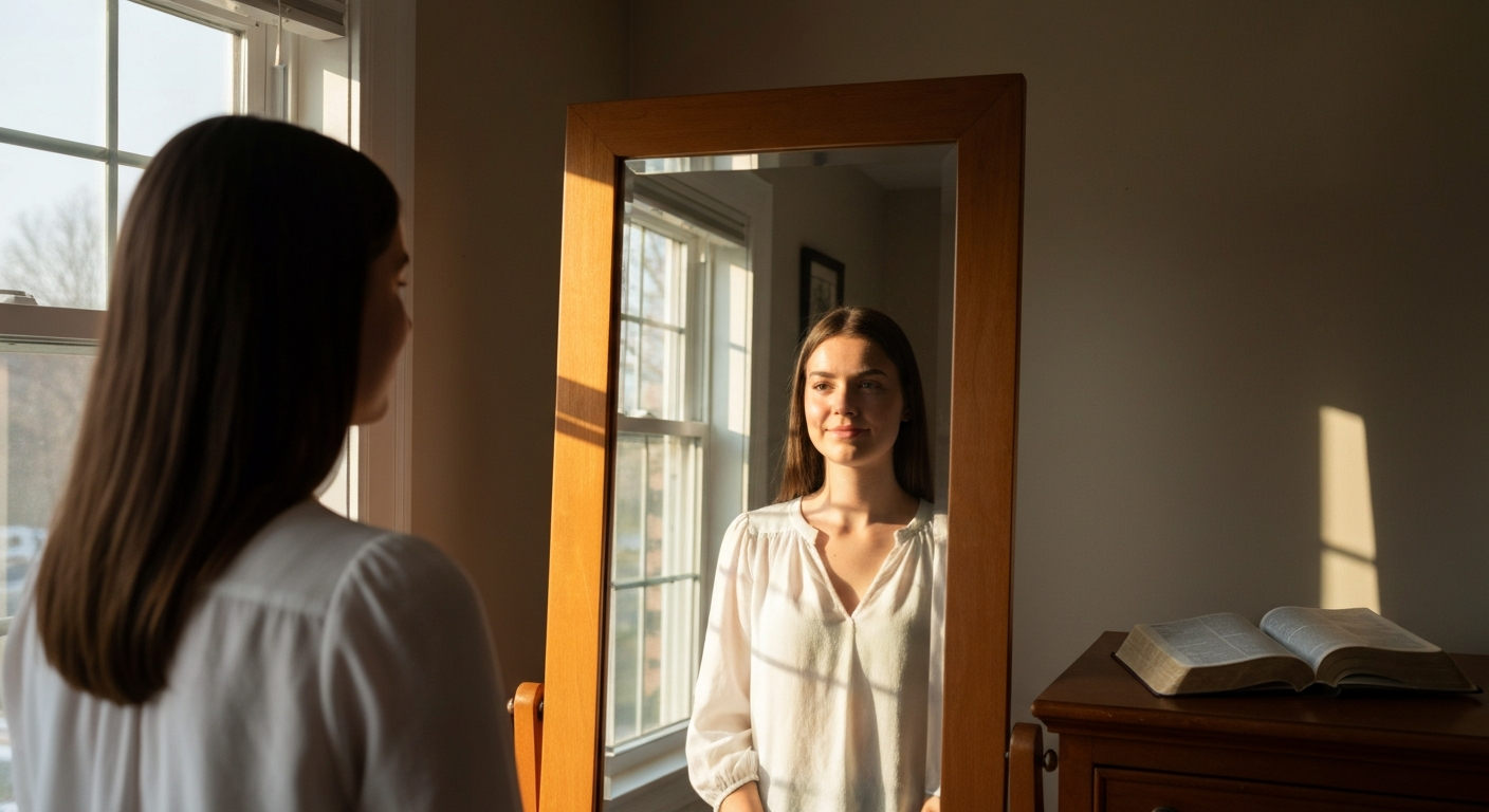 Young woman looking at her reflection in a sunlit bedroom mirror with an open Bible nearby, discovering what God says about her identity in Christ