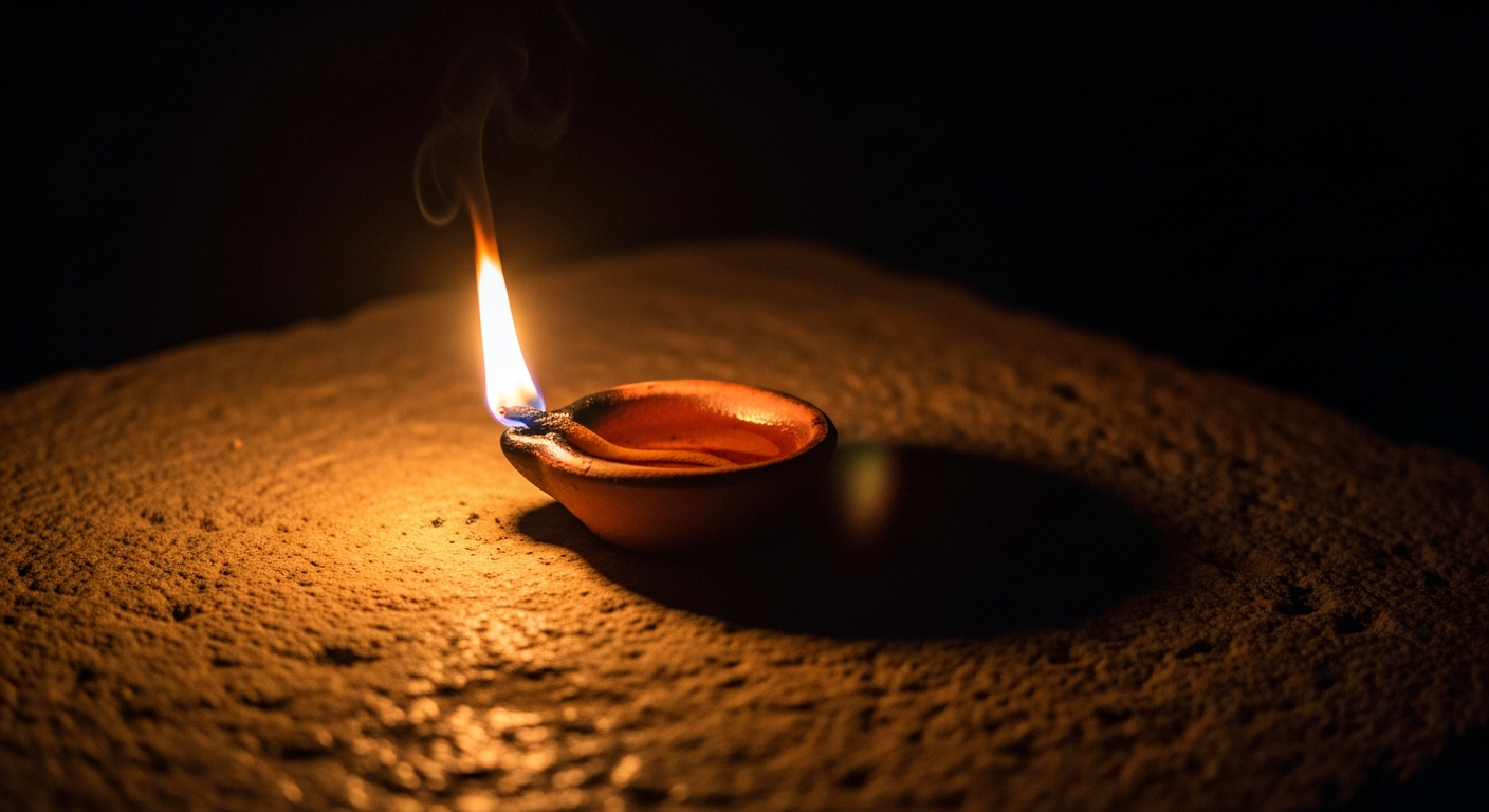 A single oil lamp flame on dark stone