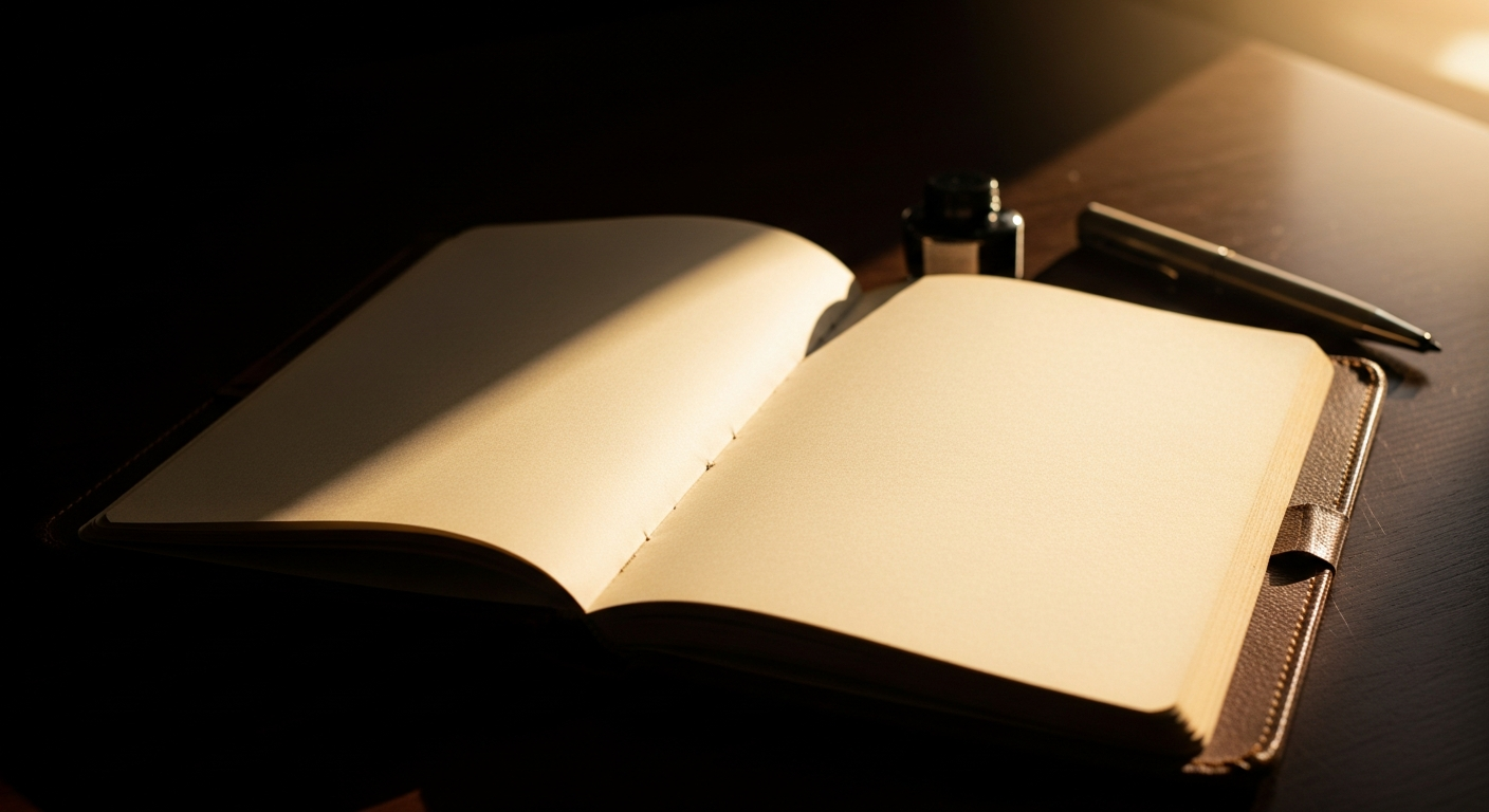 An old leather journal open to blank pages