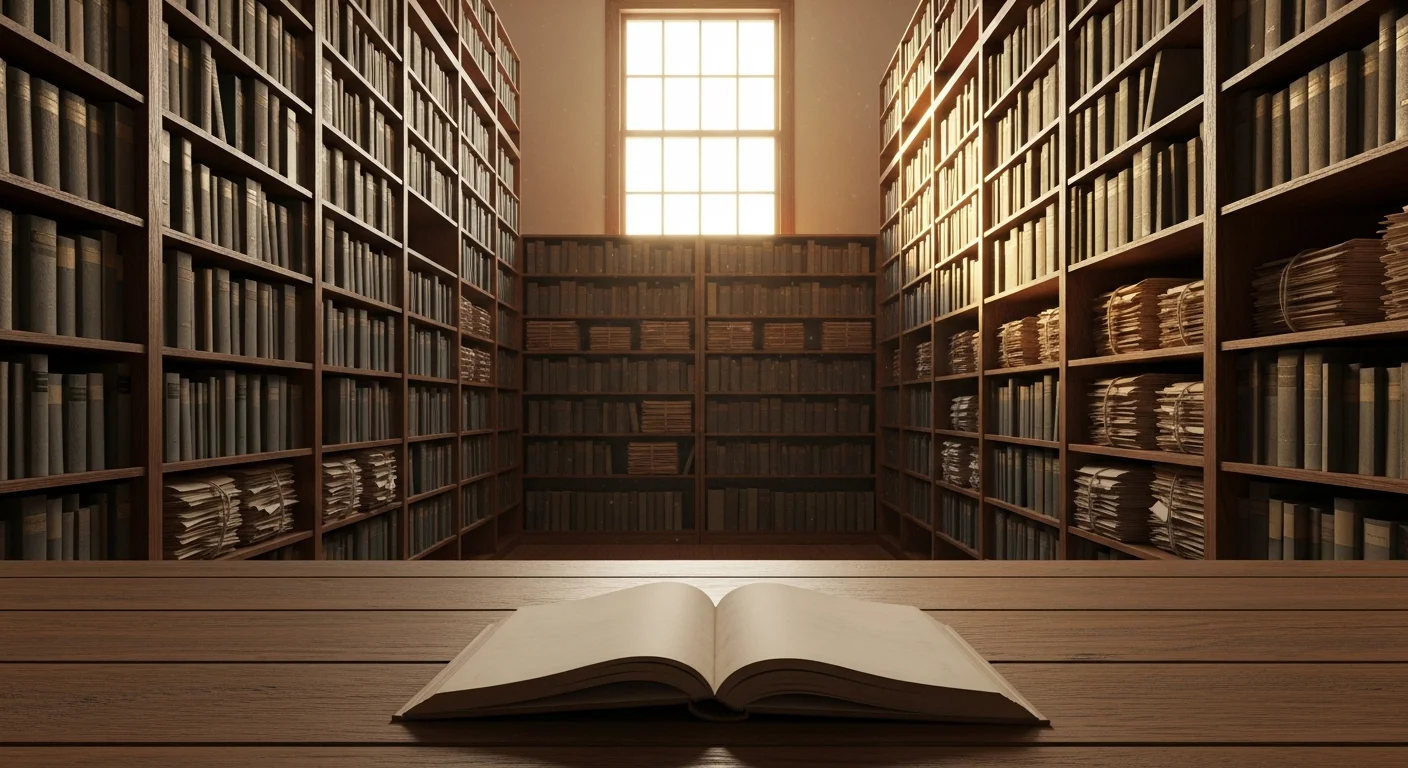 Sunlight falling across an archive of bound volumes and gathered letters, a library of real testimonies of faith preserved across generations