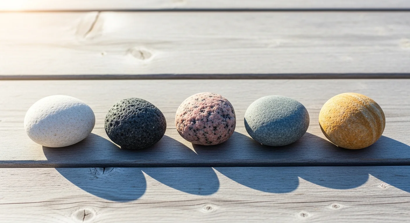 Five distinct river stones laid in a row on weathered wood, picturing the five types of testimony: salvation, healing, provision, perseverance, and everyday faithfulness