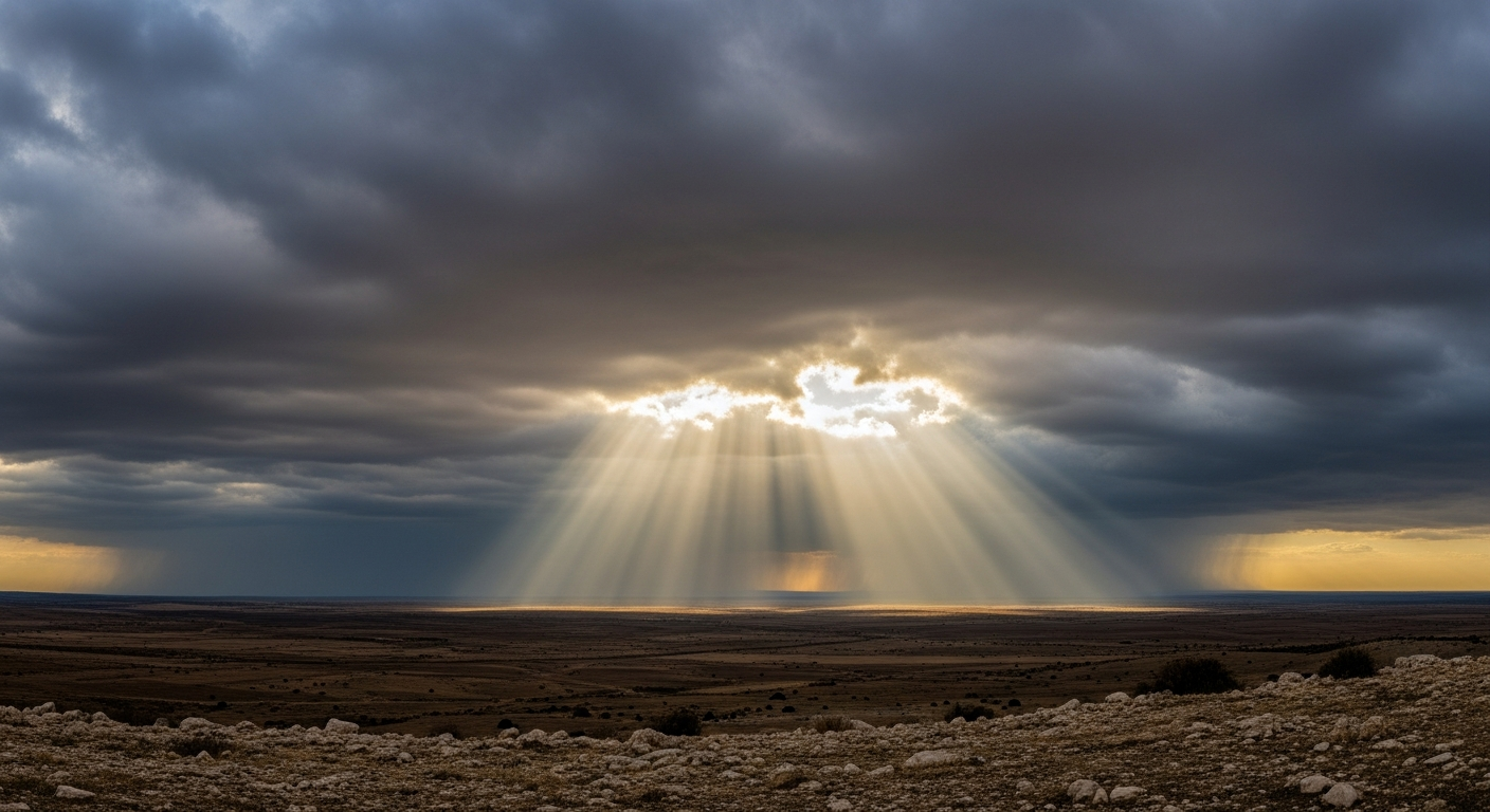 Shaft of sunlight breaking through storm clouds over a barren Anatolian plateau, representing inexpressible joy forged through suffering anchored in prophetic promise