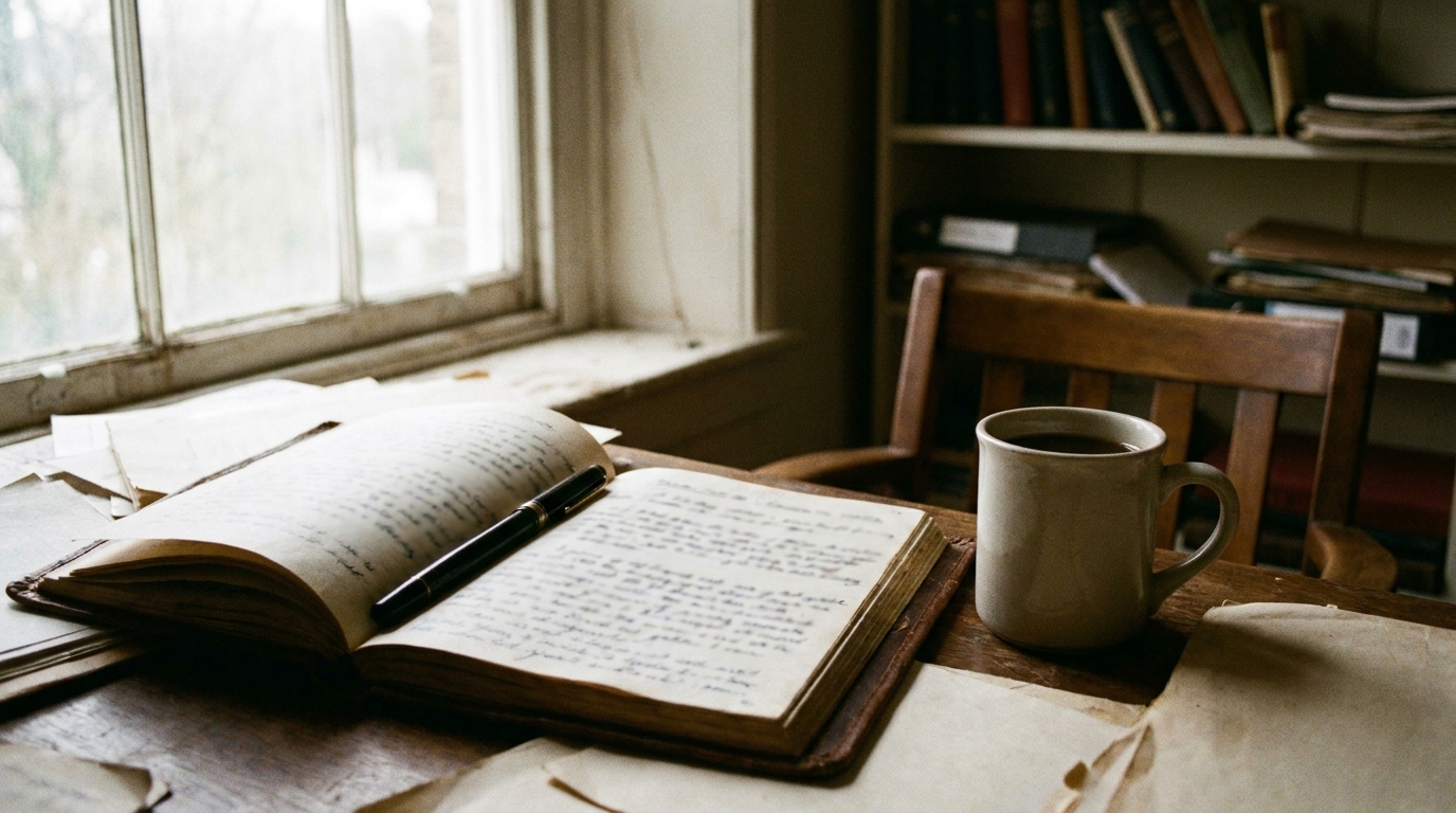 A church office desk with an open record book and a fountain pen resting mid-page, soft overcast window light, candid documentary still life