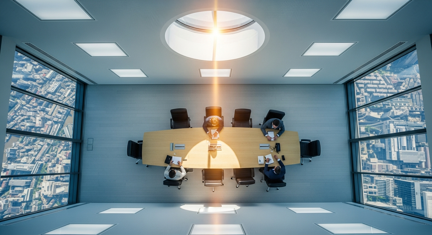 Aerial view of a modern glass boardroom table with a single beam of sunlight at centre, representing God's presence entering the business world through faith