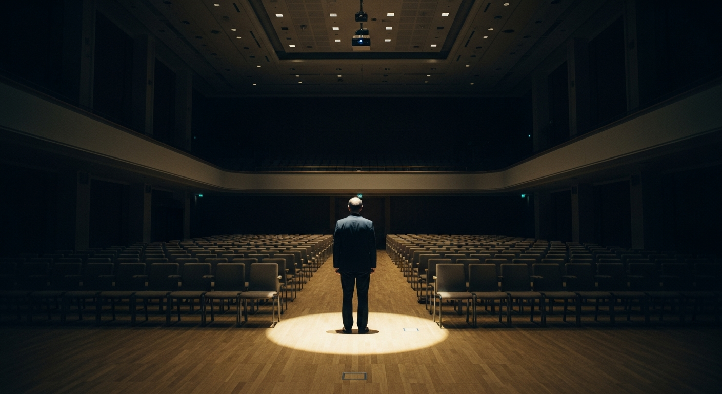 Lone figure standing under harsh spotlight in a vast empty conference hall surrounded by shadow, representing staying true to conviction when faith is questioned