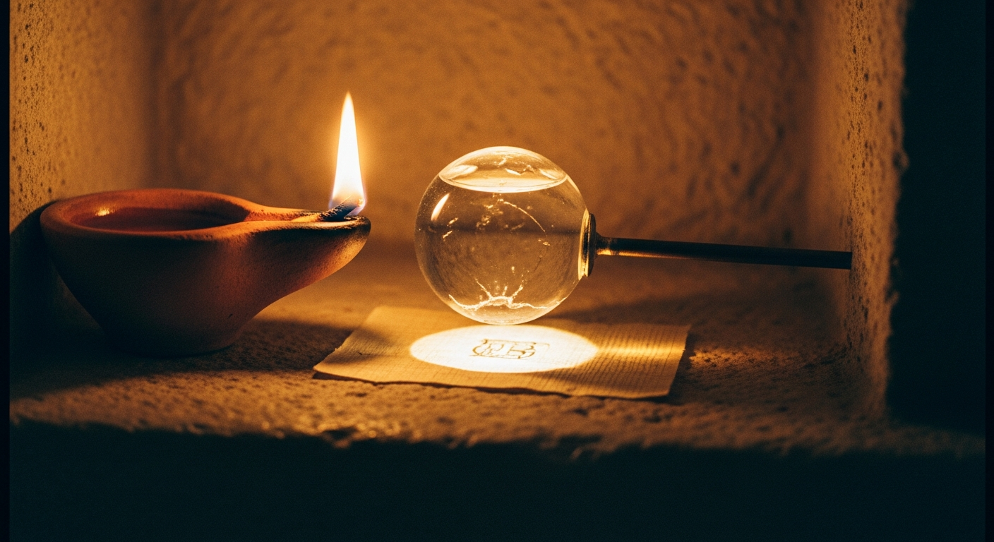 Clay oil lamp flame focused through a glass lens onto papyrus in a dim Corinthian room, representing spiritual gifts needing purpose and direction from God