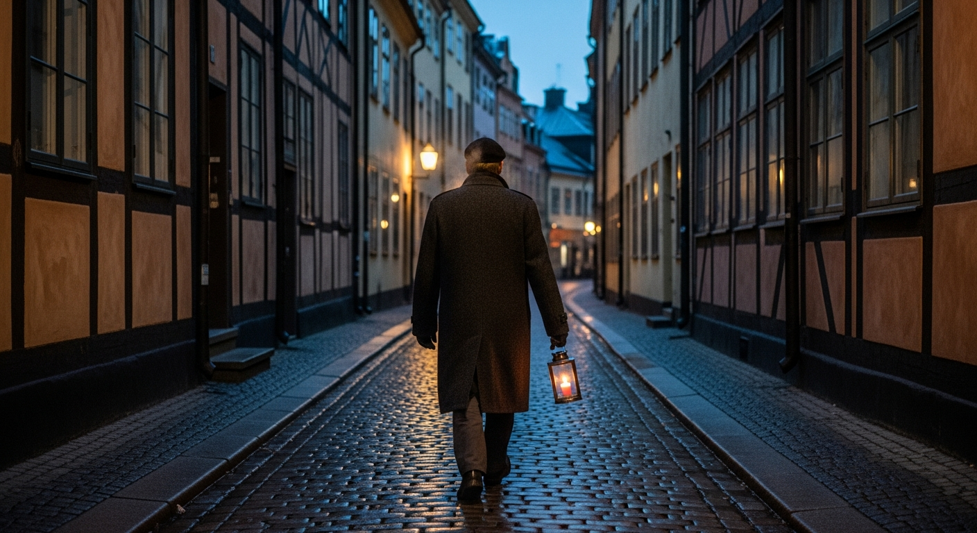 Solitary figure carrying a flickering candle lantern through dark wet cobblestone streets at night, representing faith carried in isolation before community forms