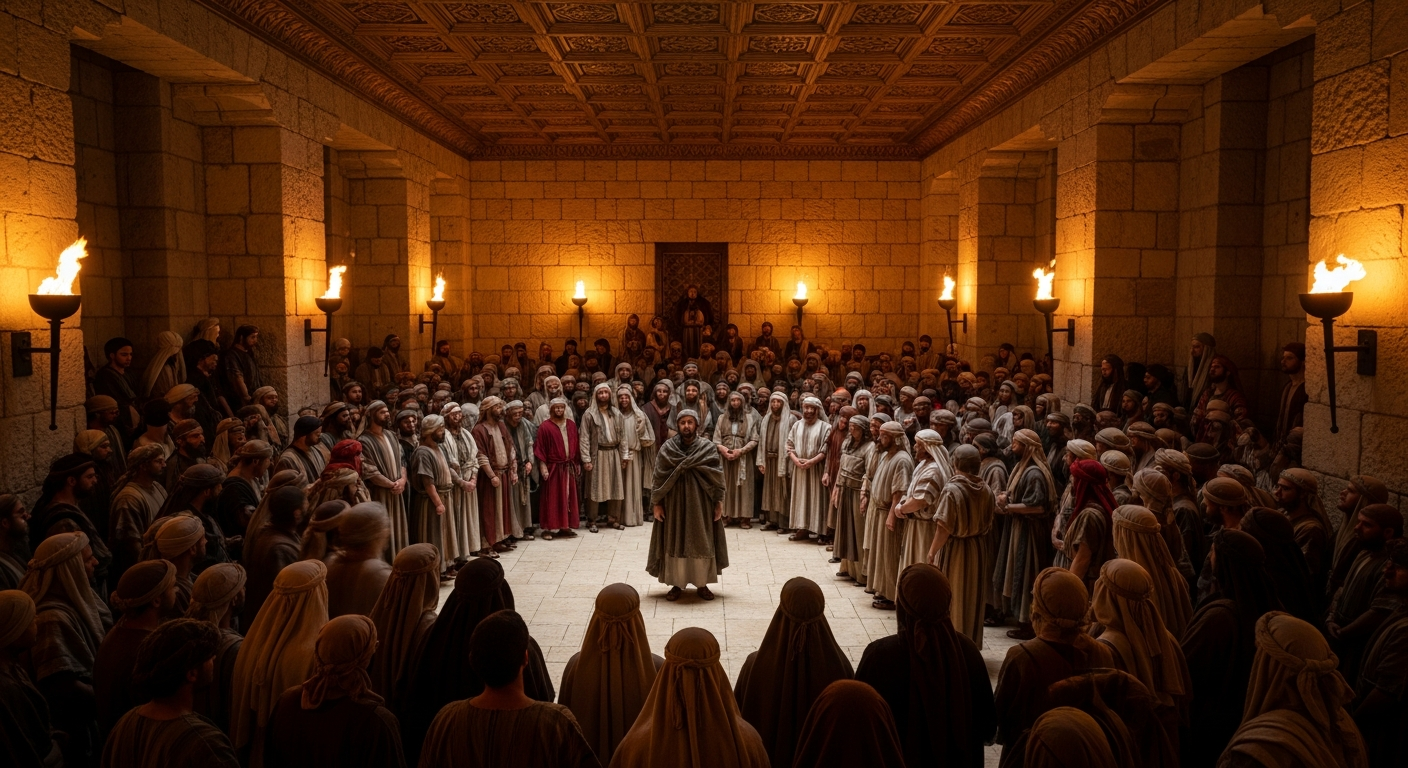 Lone prophet standing still amid a blurred pressing crowd in an ancient royal court lit by torches, representing prophetic courage and speaking God's truth to power