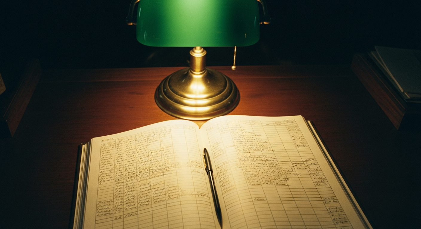 Open ledger with fading handwritten figures under a dimming brass desk lamp in a dark office, representing the moment when finances fail and faith is tested