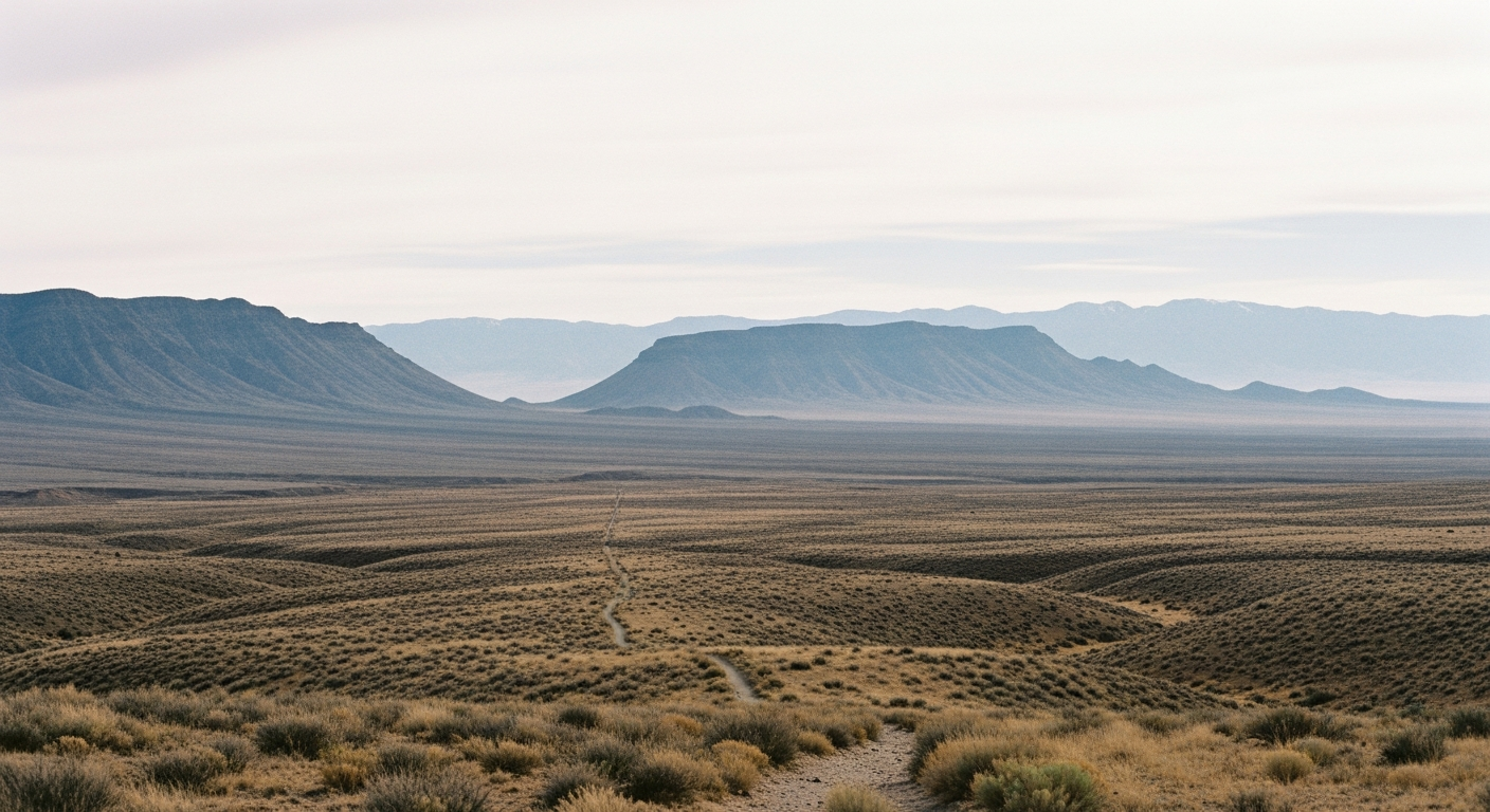 Distant mountain range fading into atmospheric haze from a high desert plateau with a faint trail, representing God's prophetic promises feeling far away during endurance