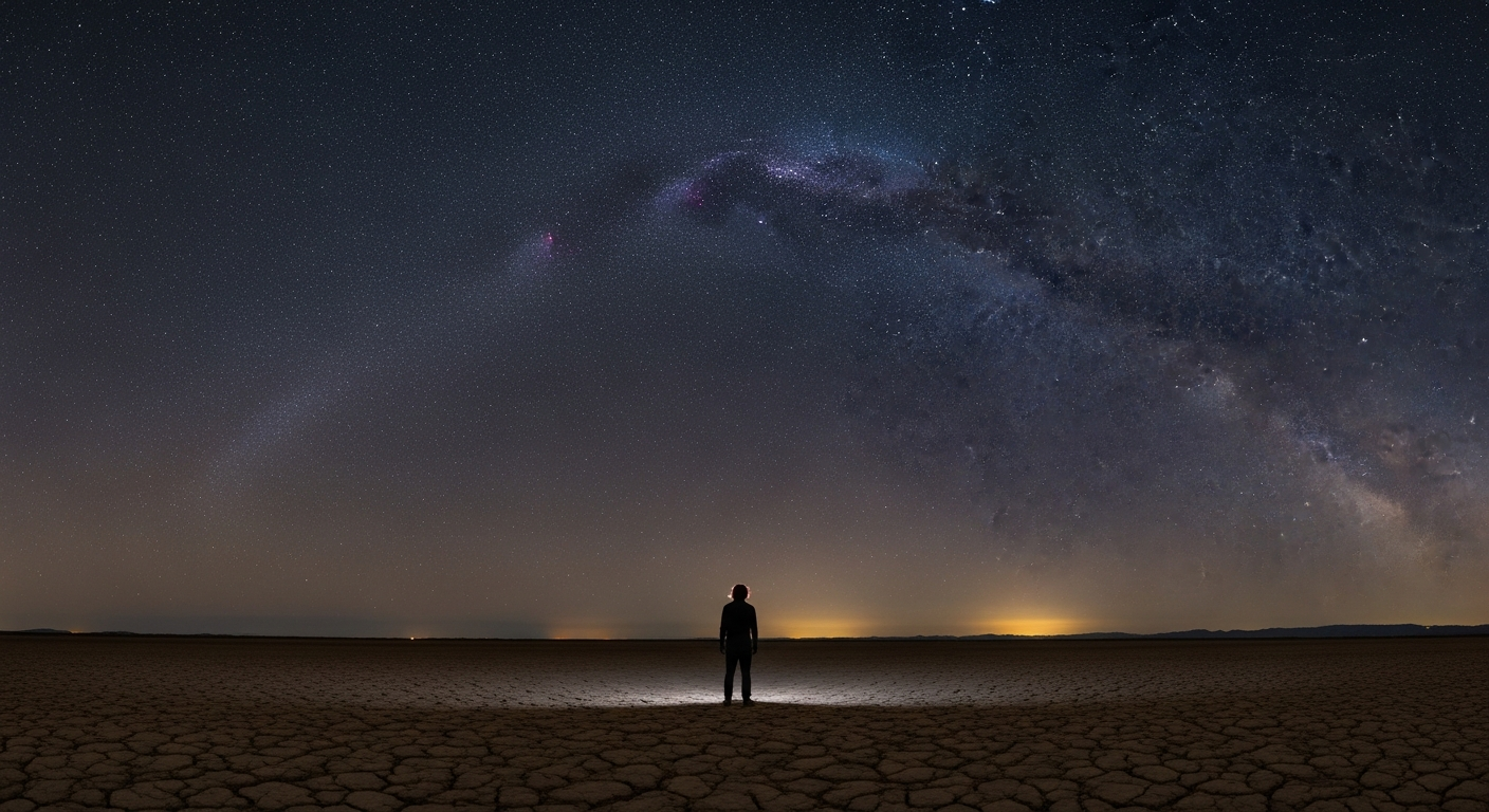 Vast star-filled night sky over a dark desert plain with a small figure looking upward, representing Abraham trusting God's promise of faith against impossible odds