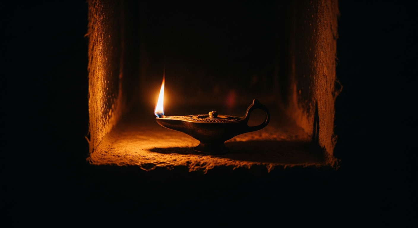 Single ancient bronze oil lamp flame burning against total darkness on a stone ledge, representing steadfast witness of faith even when death threatens to silence truth