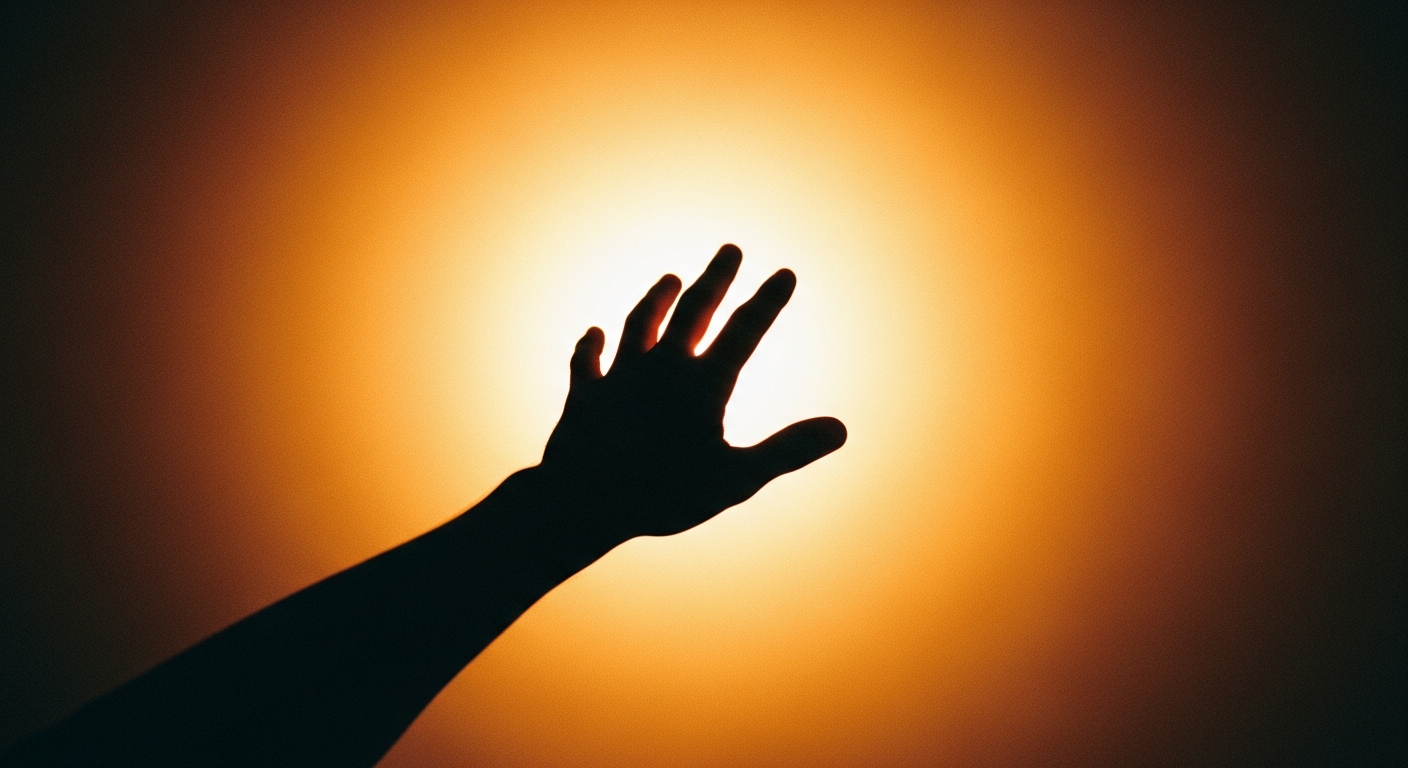 A silhouetted hand reaching toward fading warm amber light