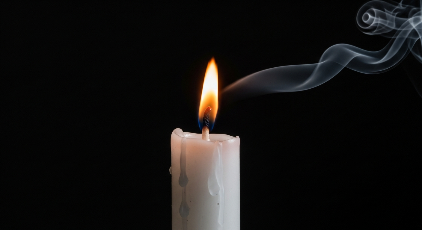 A candle just extinguished, smoke curling upward against charcoal dark