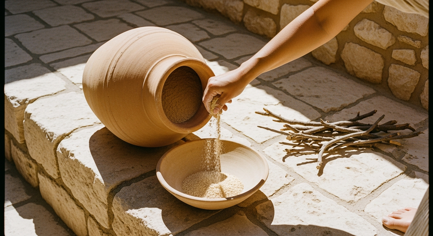 The widow of Zarephath scraping the last flour from a clay jar in a sun-bleached Phoenician courtyard, trusting God's provision through the prophet Elijah