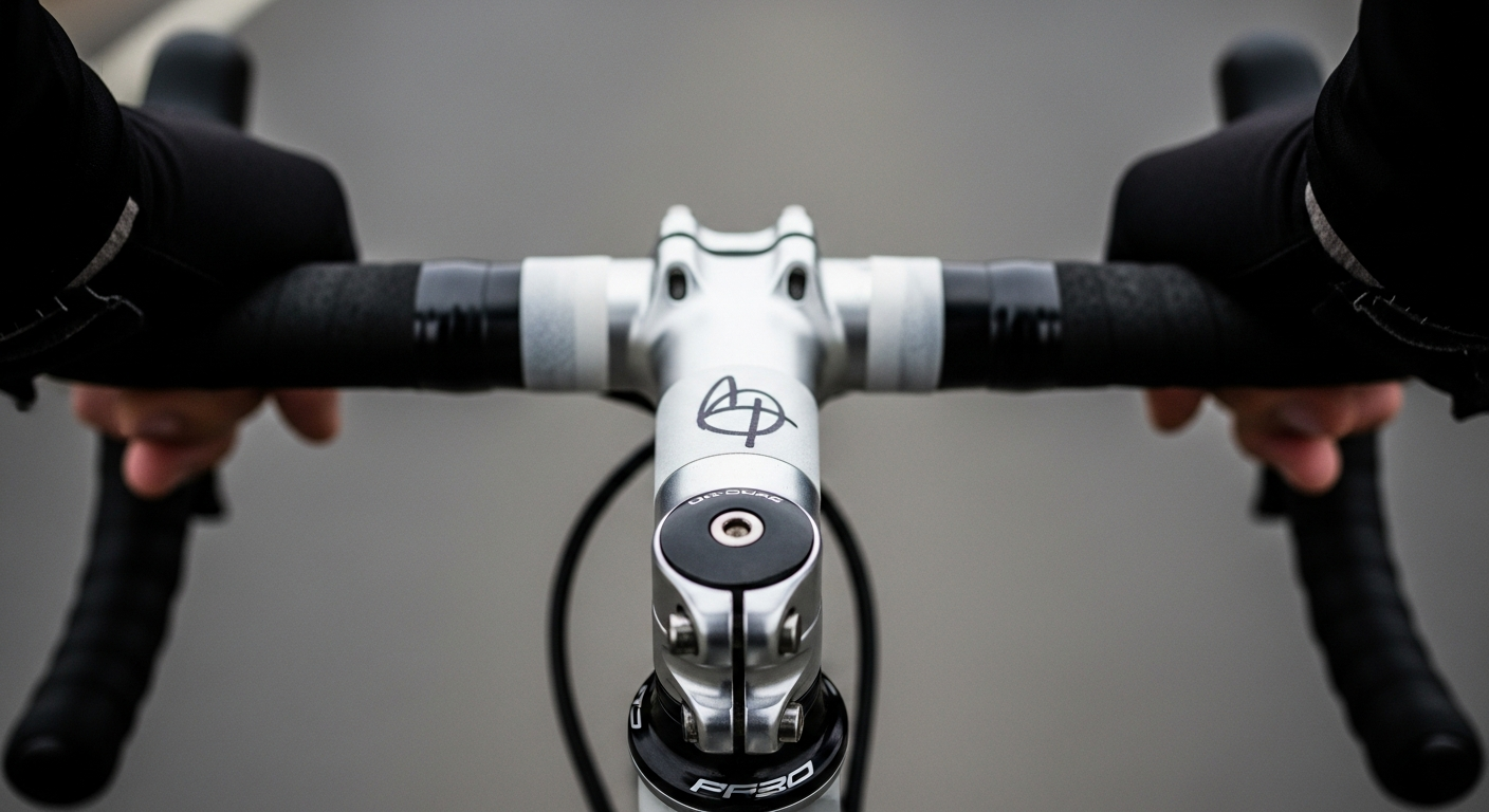 A handwritten word on tape on a cyclist's handlebar stem with gloved hands gripping the bars, how speaking identity and courage over yourself shapes willingness