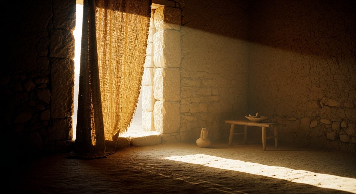 A heavy handwoven curtain pulled back at an ancient stone doorway, bright morning light pouring through the opening into a simple room