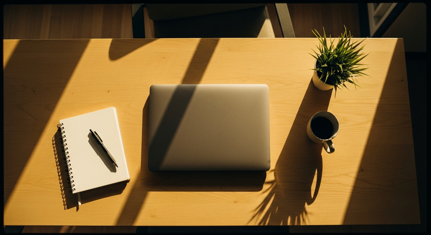 Overhead view of an organised work desk bathed in warm golden afternoon light with laptop notebook and coffee mug, representing everyday labour offered to God as worship