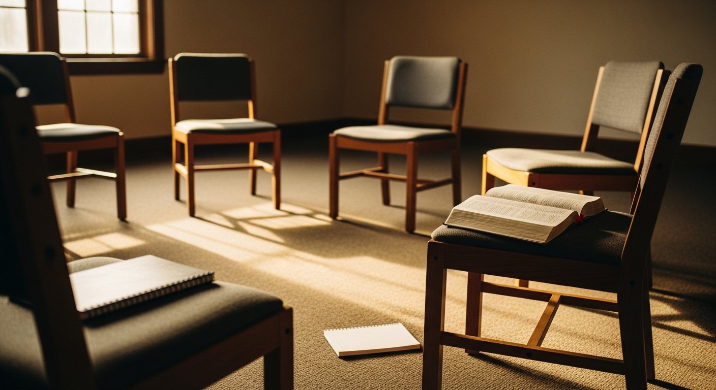 A loose circle of mismatched empty chairs in a warmly lit church youth room, one open Bible resting on a chair seat and a plain notebook on the floor beside it, late afternoon light across an empty carpet, a space set for a small group to sit down and talk something through
