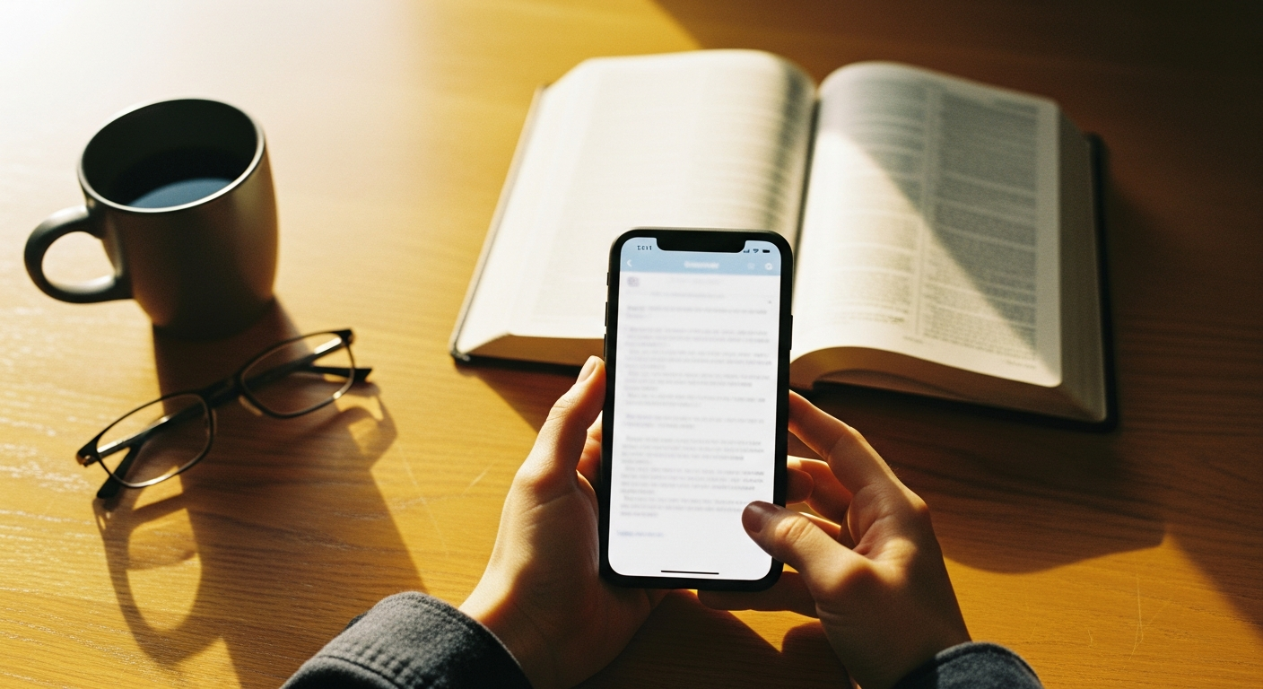 Hands holding a phone with a Bible app open on a wooden desk in morning light, following a daily Scripture reading plan for spiritual growth