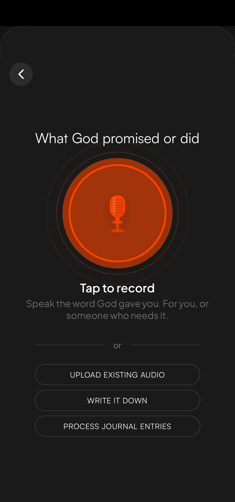 The Doxa record screen: tap the microphone to speak the word God gave you