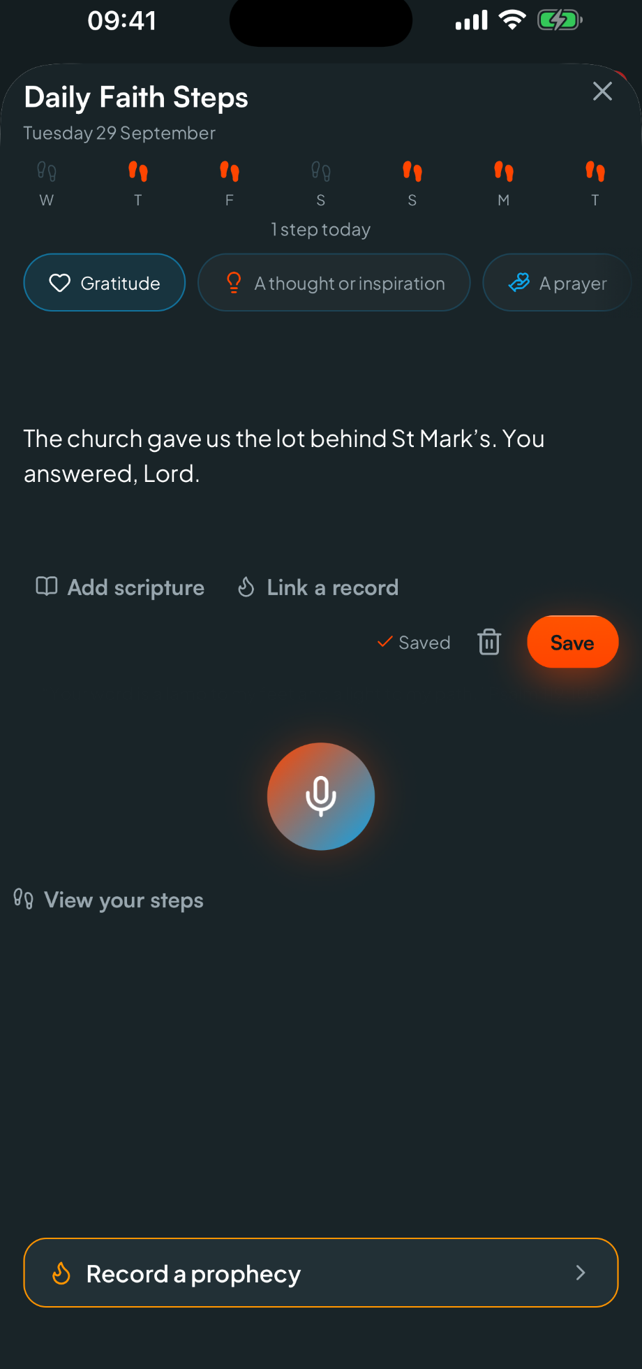 Daily Faith Steps with this week's steps, a gratitude step and a Record a prophecy button