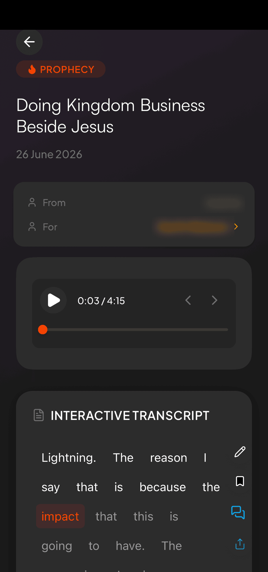A saved prophecy with its audio player and interactive transcript