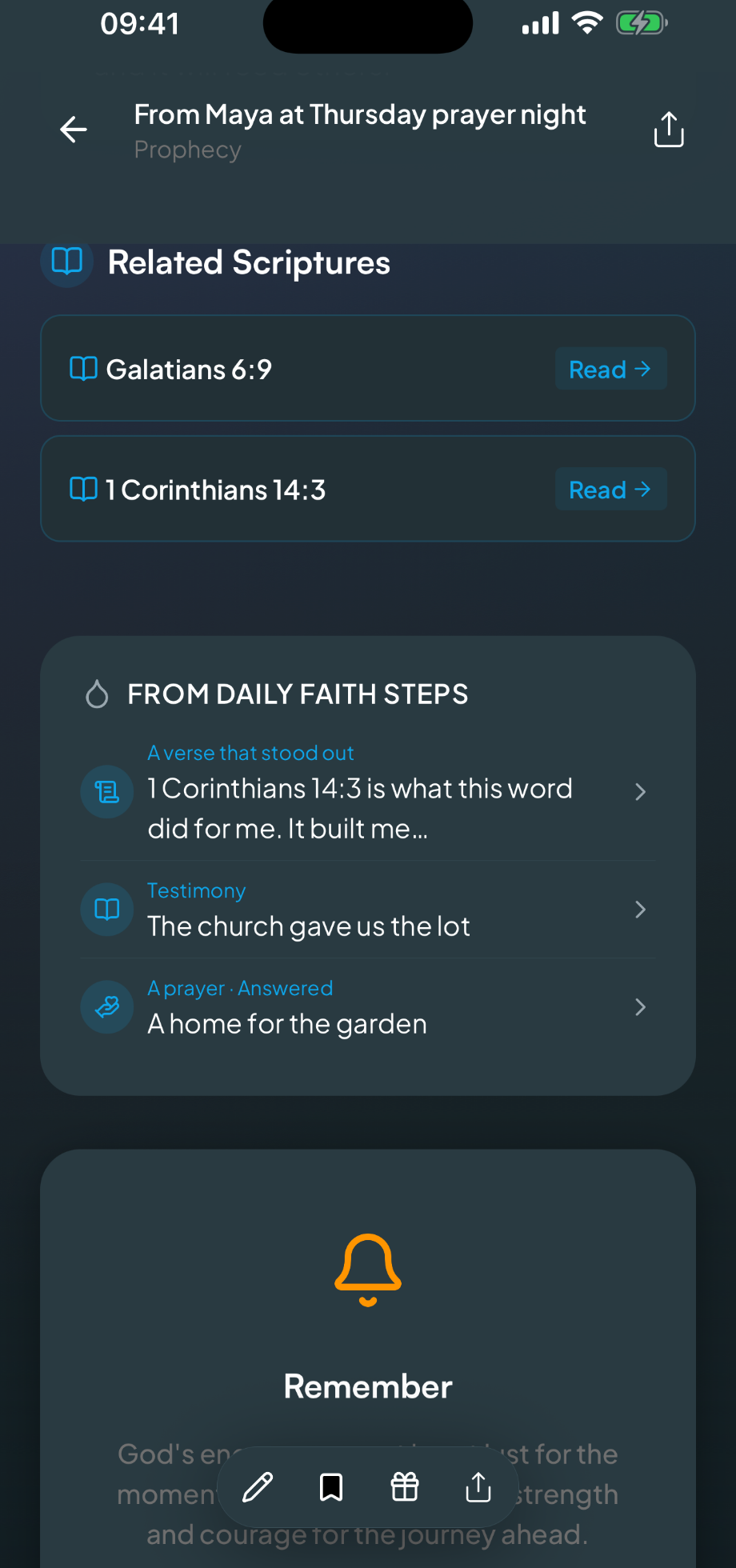 A prophecy in the Encouragement Vault with its Scriptures and the steps from Daily Faith Steps linked to it