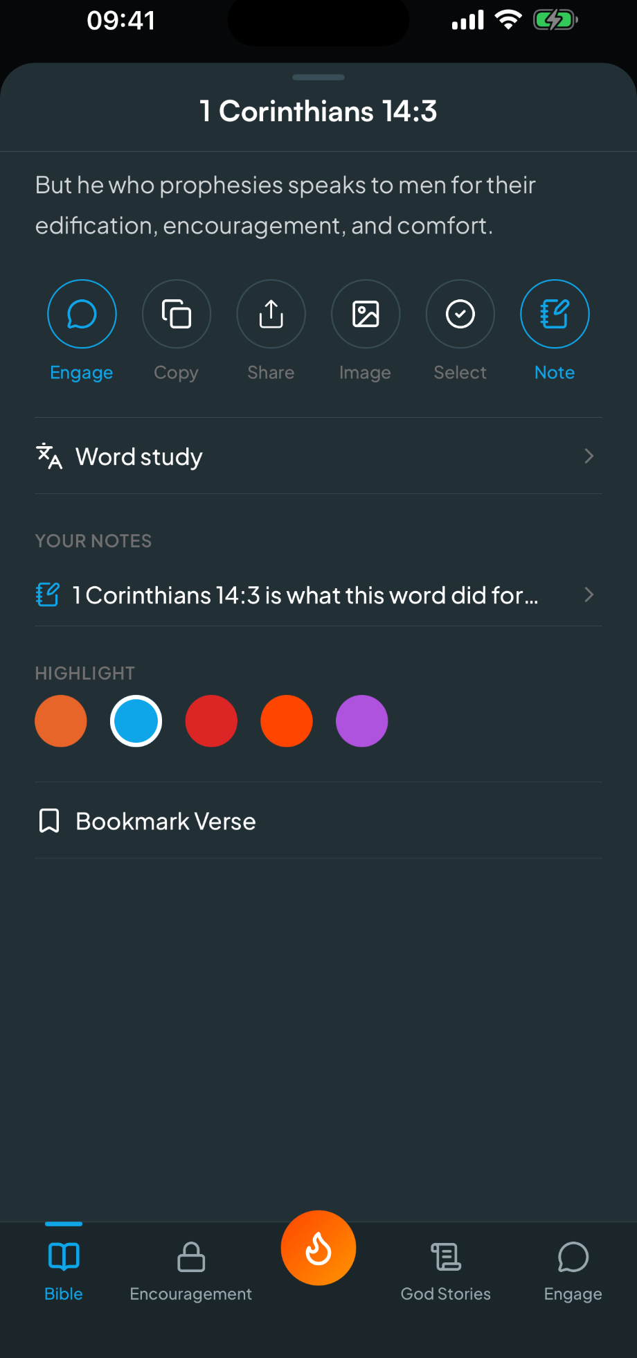 The verse sheet for 1 Corinthians 14:3: Engage, Note, highlights, bookmark and your own note