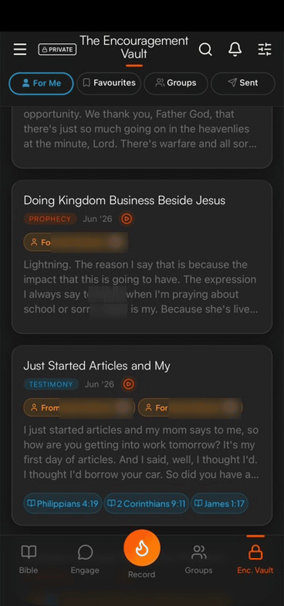Encouragement Vault feed showing saved prophetic words
