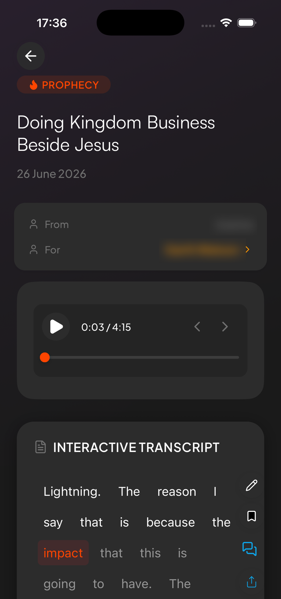 A prophecy in Doxa with its recording and the interactive transcript, one word highlighted where the recording is playing